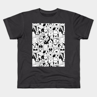 Doodle Black and White Dog Pattern Kids T-Shirt